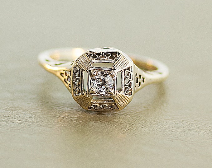 Edwardian Engagement Ring 14k Yellow Gold and Diamond Ring Etsy