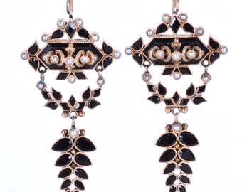 Antique Earrings - Antique 14k Yellow Gold Victorian Black Onyx & Seed Pearl Earrings