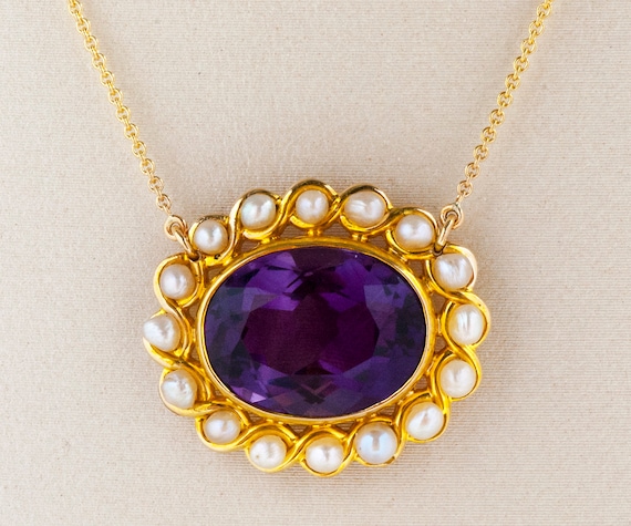 Antique Necklace - Antique 14k Yellow Gold Amethyst & Seed Pearl Pendant