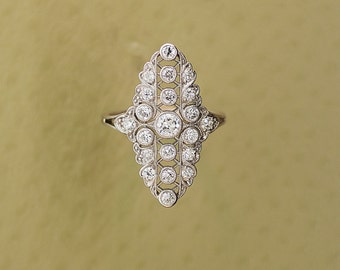 Antique Diamond Platinum Navette Ring, 1.44 ct, Size 8.5