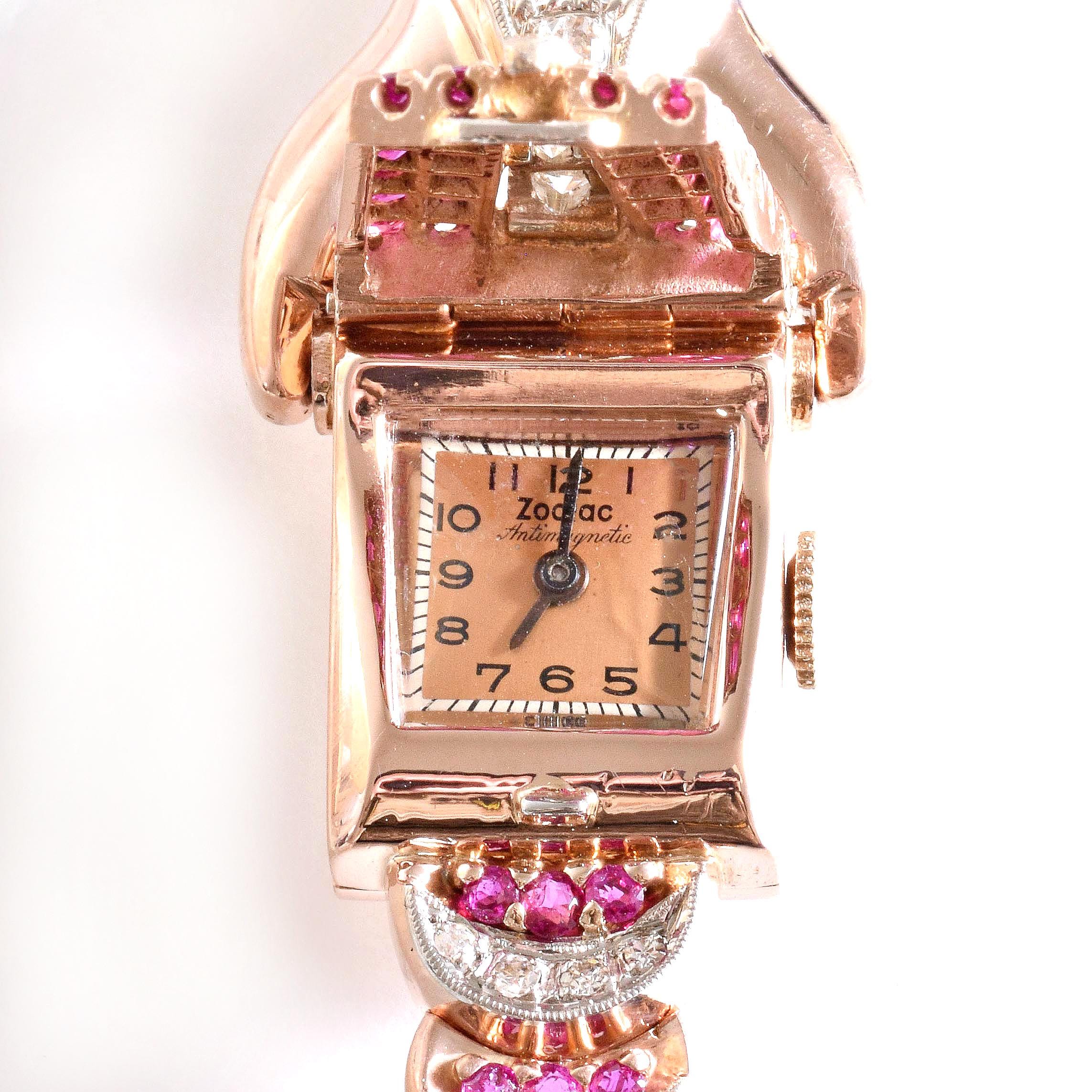 Antique Watch - Antique Retro 1930's 18k Rose Gold Ladies Diamond & Ruby Wrist Watch