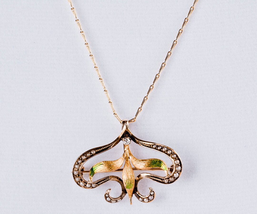 Antique Necklace - Antique Art Nouveau 14k Yellow Gold Enamel and Seed ...