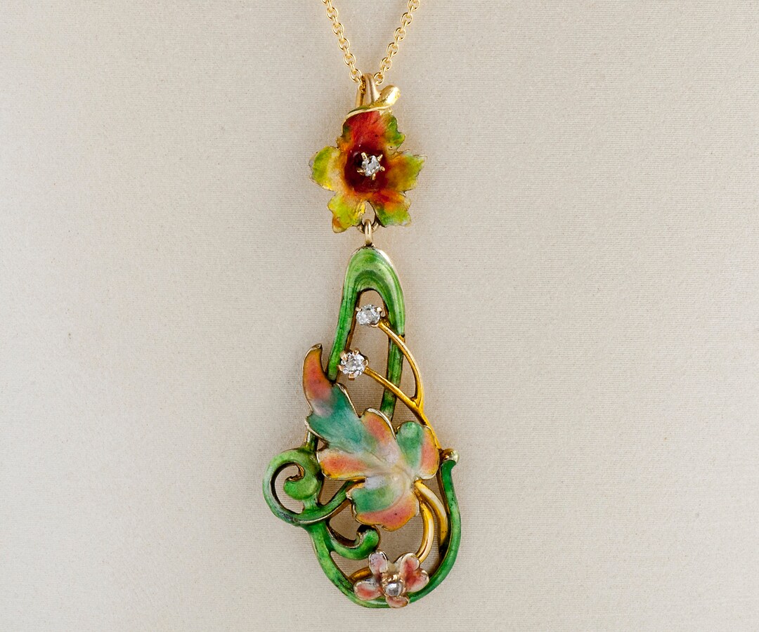 Antique Necklace - Antique Art Nouveau 14k Yellow Gold Enamel & Diamond ...