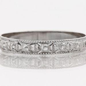 Antique Wedding Band - Antique 18k White Gold Engraved Wedding Band