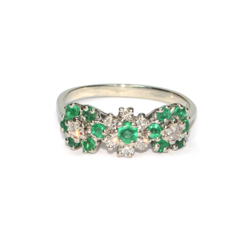 Vintage Ring Vintage 1970's Emerald & Diamond Flower Ring image 1