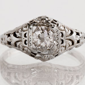 Antique Engagement Ring - Antique 1920s 18k White Gold Filigree Diamond Engagement Ring