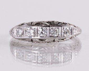 Antique Wedding Band - Antique 1910s 18K White Gold Diamond Wedding Band