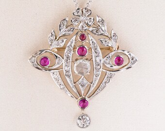 Antique Necklace - Antique 1900's Platinum & Gold Diamond and Ruby Pin/Pendant