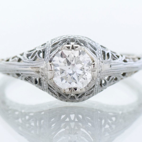 Antique Engagement Ring - Antique Edwardian 18k White Gold Filigree Diamond Engagement Ring