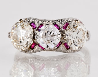 Antique Engagement Ring - Antique 1920s Platinum 3.42ctw Diamond & Ruby Ring