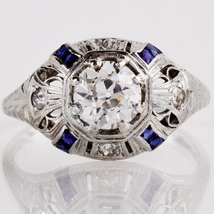 Antique Engagement Ring Antique Art Deco 18K White Gold Diamond and Sapphire Engagement Ring image 1