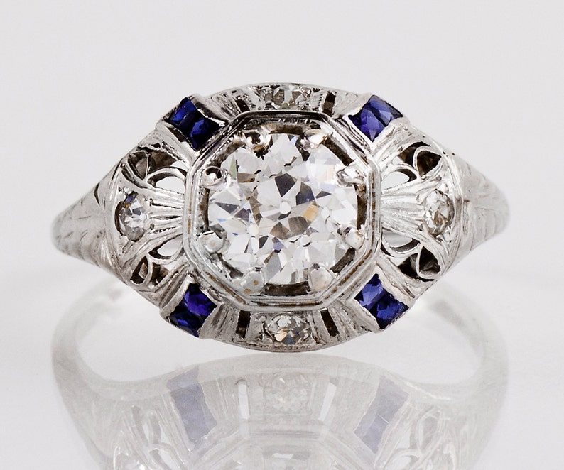 Antique Engagement Ring Antique Art Deco 18K White Gold Diamond and Sapphire Engagement Ring image 1