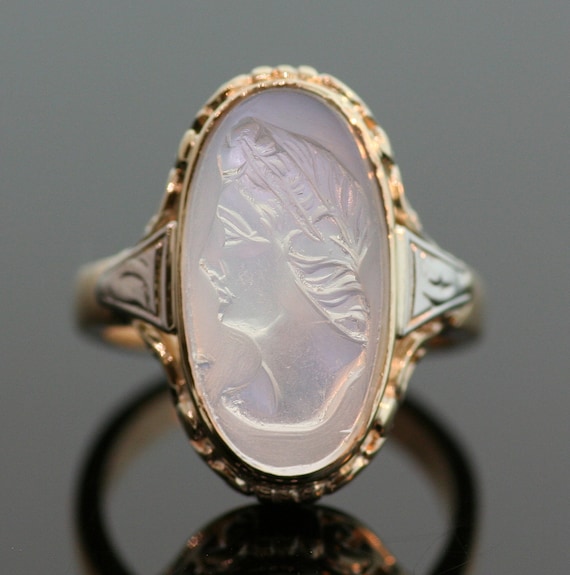 Antique Ring - Antique 14k Two-Tone Carved Moonst… - image 1