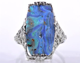 Antique Ring - Antique 18k White Gold 5.82ct Boulder Opal Arrow Etched Ring