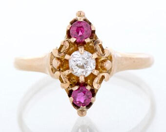 Antique Ring - Antique Victorian 14k Rose Gold Ruby & Diamond Navette Ring