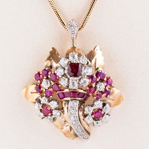 Antique Necklace - Antique 1930&#39;s 14k Rose Gold Ruby and Diamond Pendant