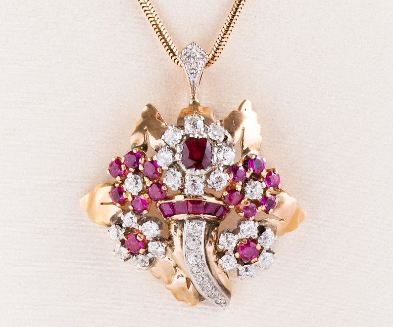 Antique Necklace Antique 1930's 14k Rose Gold Ruby and Diamond Pendant image 1