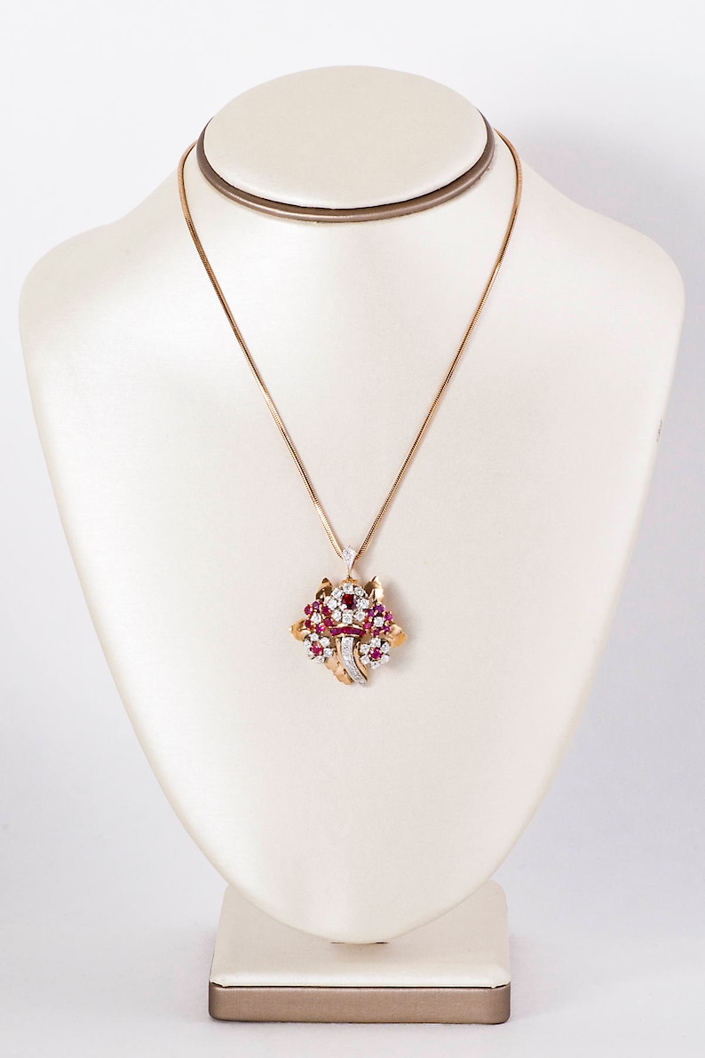 Antique Necklace Antique 1930's 14k Rose Gold Ruby and Diamond Pendant image 2