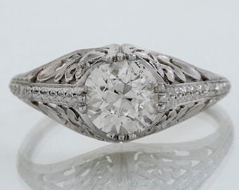 Antique 18k White Gold Diamond Ring: 1910s Filigree Engagement Ring