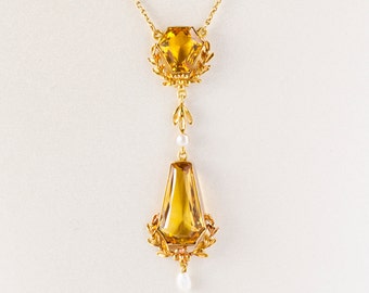 Antique Victorian 18k Gold Citrine Seed Pearl Necklace