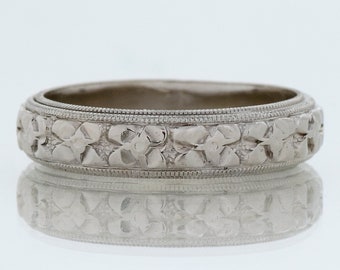 Antique 14k White Gold Wedding Band: Engraved Flower Eternity Ring