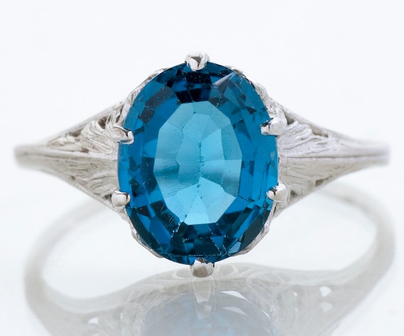 Antique Ring - Antique Edwardian 14k White Gold Blue Topaz Filigree Ring