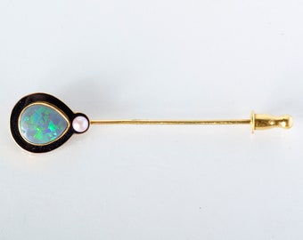 Antique Stickpin - Antique Art Deco 14k Yellow Gold Black Opal, Enamel & Pearl Stickpin