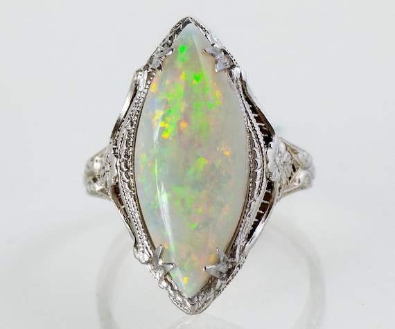 Antique Ring - Antique Edwardian 14k White Gold Opal Filigree Ring