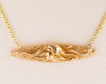Antique 14k Gold Art Nouveau Necklace: Lady with Flowing Hair