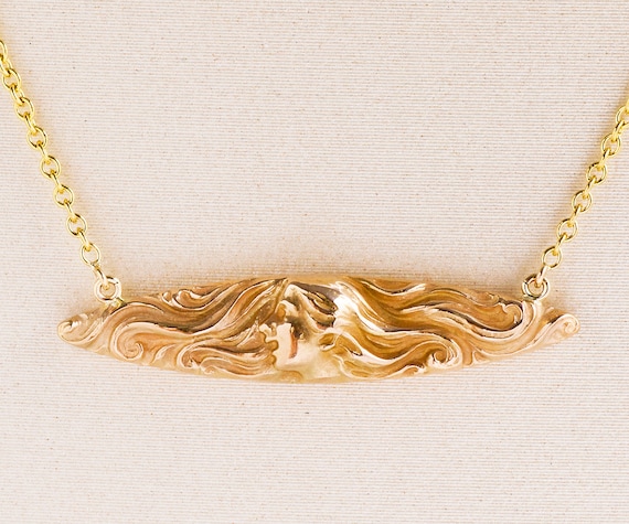 Antique 14k Gold Art Nouveau Necklace: Lady with Flowing Hair