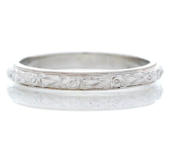 Antique Wedding Band - Antique 18k White Gold Eng… - image 1