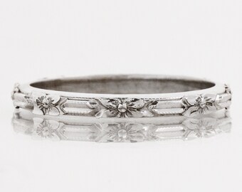 Antique 14k White Gold Wedding Band - Etched Floral Ring, Size 4-1/8