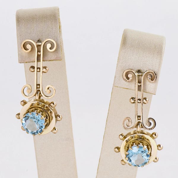 Antique Earrings - Antique 14k Yellow Gold Aquamarine Dangle Conversion Earrings