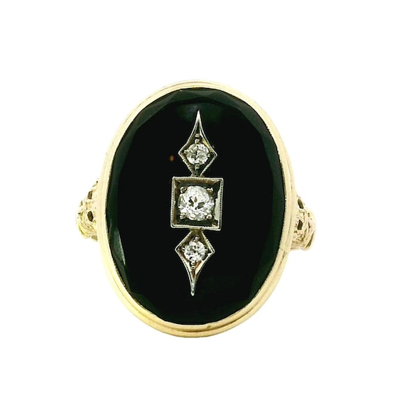 Antique Ring - Antique 10k Yellow Gold Black Onyx & Diamond Filigree Ring