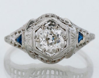 Antique Engagement Ring - Antique Edwardian 18k White Gold Diamond & Sapphire Engagement Ring