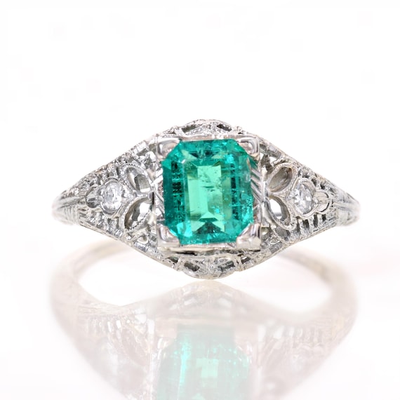 Antique Ring - Antique Edwardian 18k White Gold Emerald & Diamond Ring