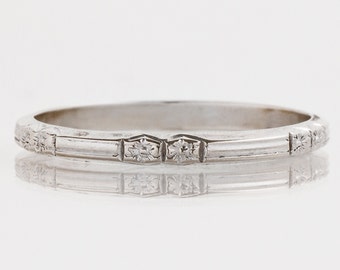 Antique Wedding Band - Antique 14k White Gold Engraved Wedding Band