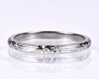 Antique Wedding Band - Antique 18k White Gold Floral Engraved Milgrain Wedding Band