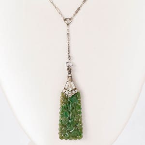Antique Necklace - Antique Art Deco Carved Green Jadeite and Diamond Necklace