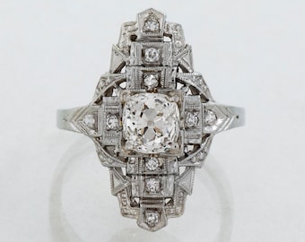 Antique Art Deco Diamond Engagement Ring: 18k White Gold