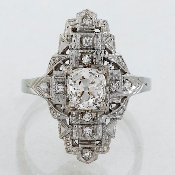 Antique Art Deco Diamond Engagement Ring: 18k White Gold