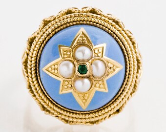 1920s Antique 19k Yellow Gold Ring: Enamel, Emerald & Pearl