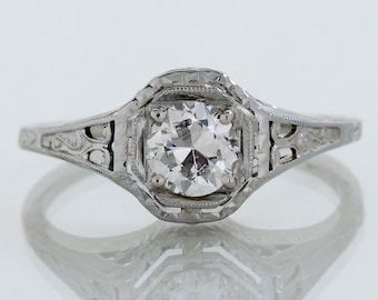 Antique 1910s Diamond Engagement Ring: 18k White Gold, Arts & Crafts