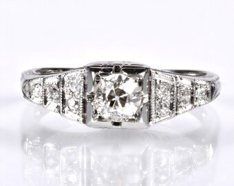 Antique Engagement Ring - Antique Art Deco 18k White Gold Diamond Engagement Ring