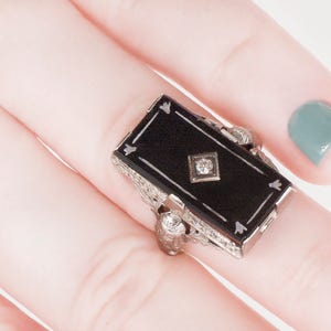 Antique Ring Antique 18k White Gold Black Onyx and Diamond Ring image 5