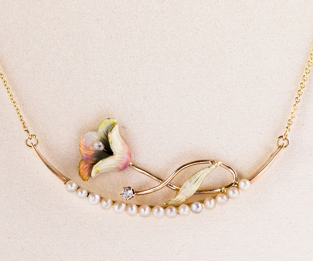 Antique Necklace - Antique Art Nouveau 14k Yellow Gold Enamel & Seed ...