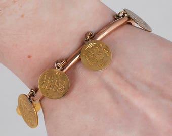 Antique Bracelet - Antique Victorian circa 1890s 15k Rose Gold Coin Bracelet