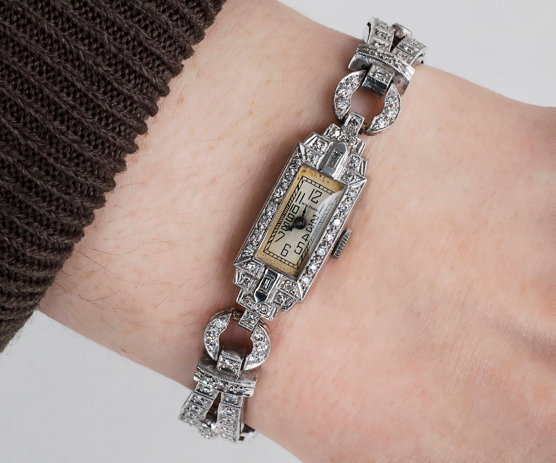 Antique Ladies Waltham Diamond Platinum Wrist Watch, 1920s 