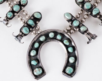 Vintage Squash Blossom - Vintage Navajo 1950's Sterling Silver Turquoise Squash Blossom Necklace