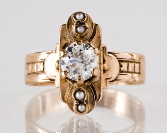 Antique Engagement Ring - Antique 14k Rose Gold Diamond and Seed Pearl Ring